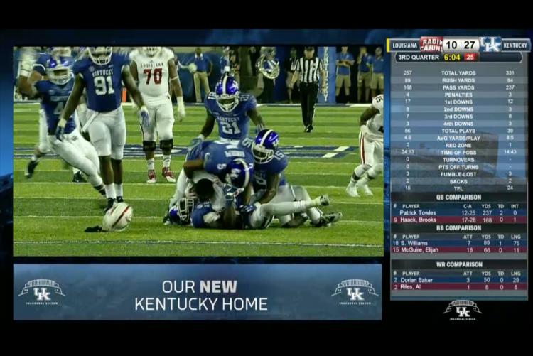 Live game day IPTV distribution with real time stats on right side and promo messages on bottom